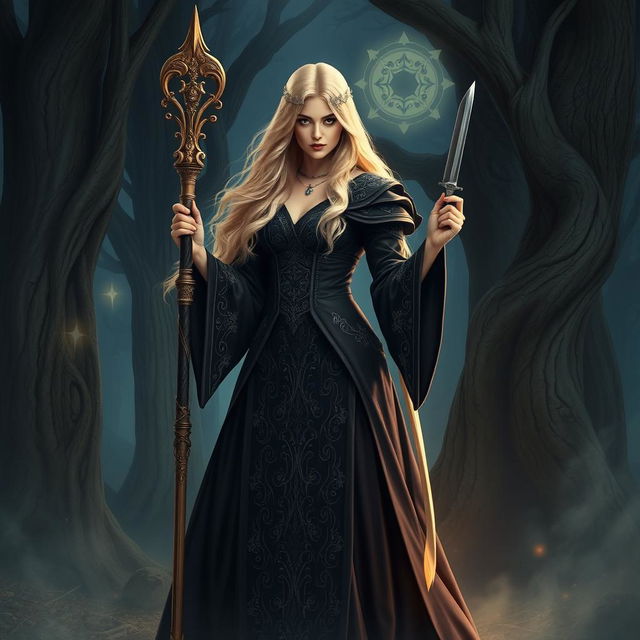 A fierce blonde witch standing confidently in a mystical forest, holding an ornate staff in one hand and a dagger in the other