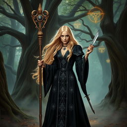 A fierce blonde witch standing confidently in a mystical forest, holding an ornate staff in one hand and a dagger in the other