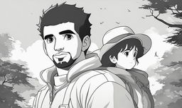 Black and white lineart Studio Ghibli style portrait of Drake.