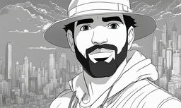 Black and white lineart Studio Ghibli style portrait of Drake.