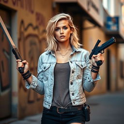 A casual blonde woman confidently holding weapons, dressed in a stylish yet relaxed outfit that suggests adventure