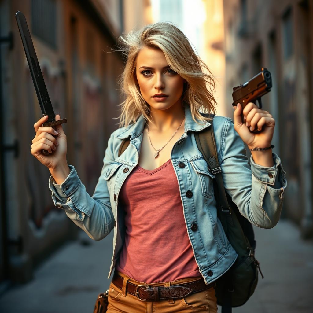 A casual blonde woman confidently holding weapons, dressed in a stylish yet relaxed outfit that suggests adventure