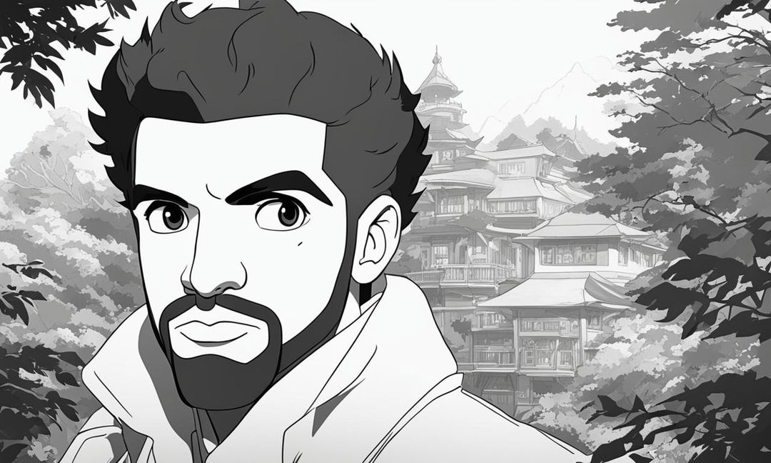 Black and white lineart Studio Ghibli style portrait of Drake.