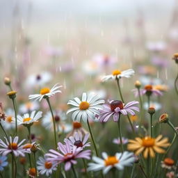 A serene wildflower field under a gentle rain, capturing the beauty of nature in a digital art style