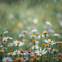 A serene wildflower field under a gentle rain, capturing the beauty of nature in a digital art style