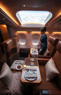 A luxurious cabin interior of an Etihad Airways Gold label, showcasing plush seating with rich gold accents, ambient lighting that provides a warm glow, and high-end amenities