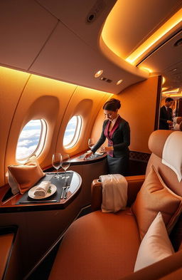 A luxurious cabin interior of an Etihad Airways Gold label, showcasing plush seating with rich gold accents, ambient lighting that provides a warm glow, and high-end amenities