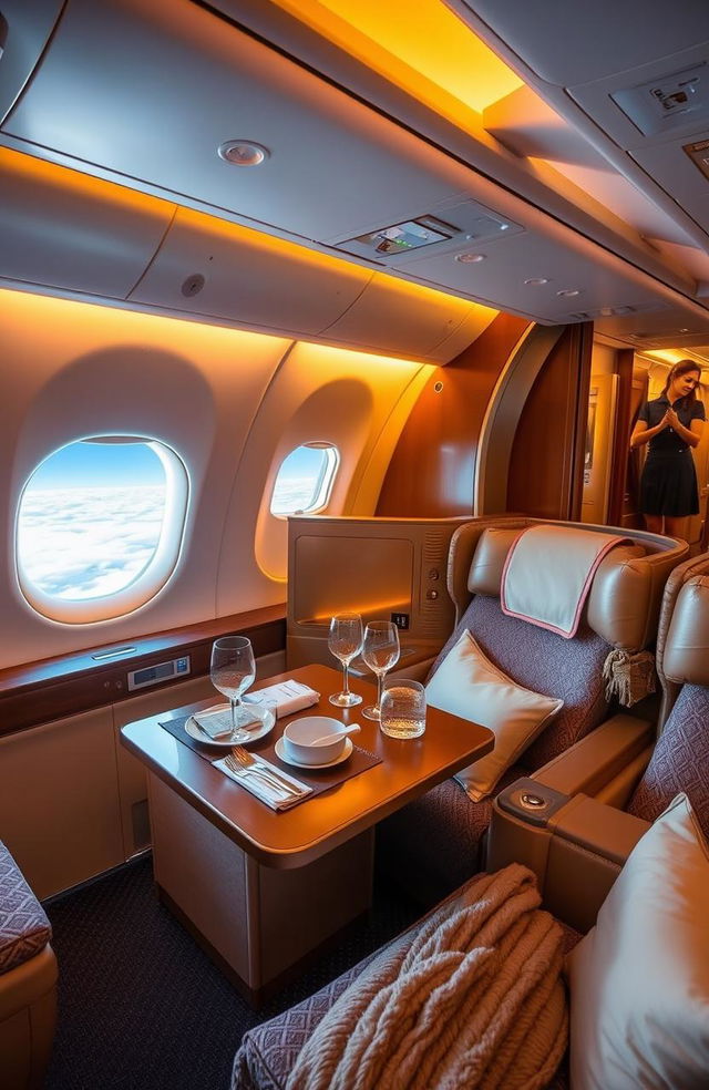 A luxurious cabin interior of an Etihad Airways Gold label, showcasing plush seating with rich gold accents, ambient lighting that provides a warm glow, and high-end amenities