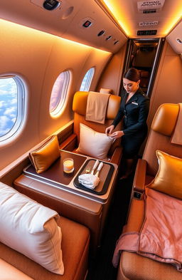 A luxurious cabin interior of an Etihad Airways Gold label, showcasing plush seating with rich gold accents, ambient lighting that provides a warm glow, and high-end amenities