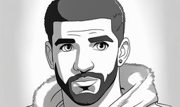 Black and white lineart Studio Ghibli style portrait of Drake.