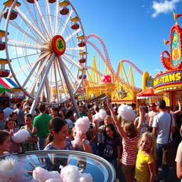 A vibrant and bustling amusement park scene filled with colorful rides and joyful visitors