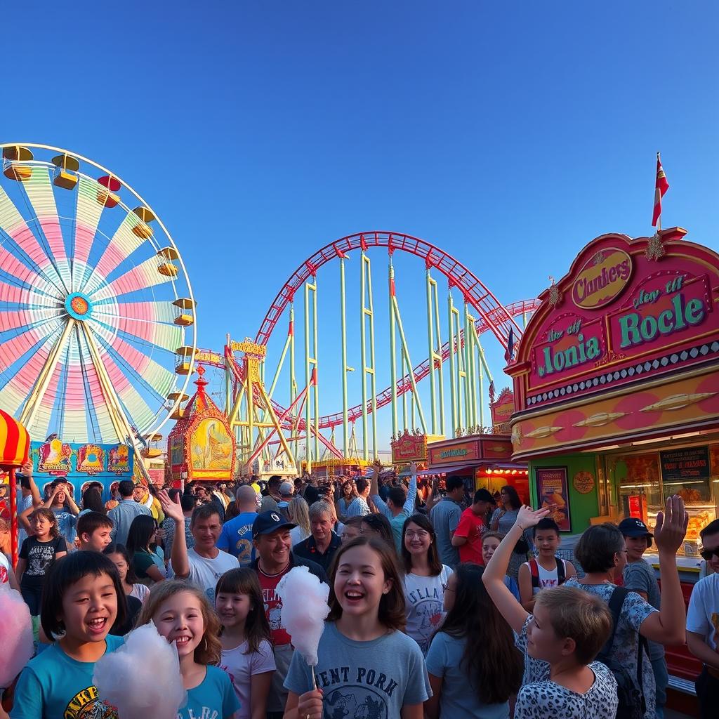 A vibrant and bustling amusement park scene filled with colorful rides and joyful visitors