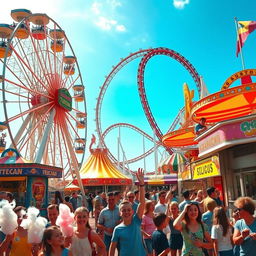 A vibrant and bustling amusement park scene filled with colorful rides and joyful visitors