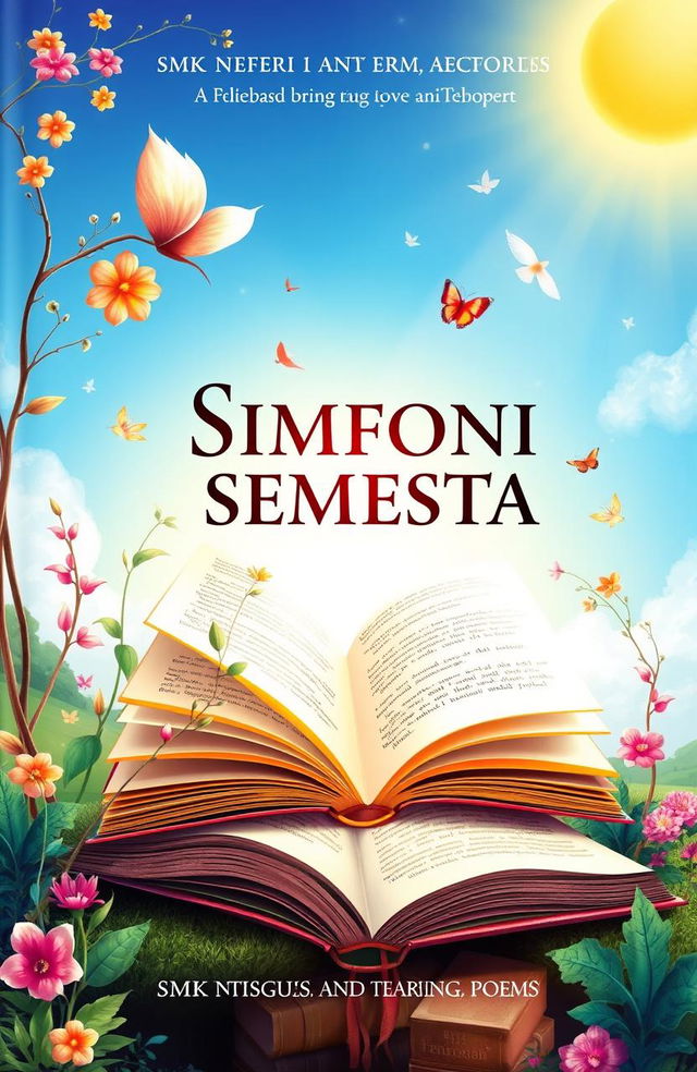 An artistic book cover for 'SIMFONI SEMESTA', an anthology of poems by teachers and students of SMK Negeri 1 Bangsri