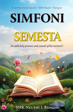 An artistic book cover for 'SIMFONI SEMESTA', an anthology of poems by teachers and students of SMK Negeri 1 Bangsri