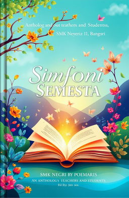 An artistic book cover for 'SIMFONI SEMESTA', an anthology of poems by teachers and students of SMK Negeri 1 Bangsri
