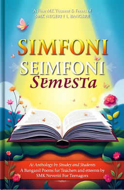 An artistic book cover for 'SIMFONI SEMESTA', an anthology of poems by teachers and students of SMK Negeri 1 Bangsri
