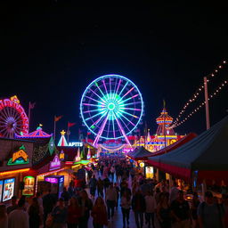 A stunning nighttime view of an amusement park, illuminated by vibrant, colorful lights that create a festive atmosphere