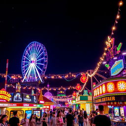 A stunning nighttime view of an amusement park, illuminated by vibrant, colorful lights that create a festive atmosphere