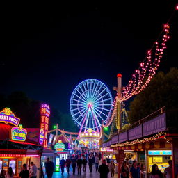 A stunning nighttime view of an amusement park, illuminated by vibrant, colorful lights that create a festive atmosphere