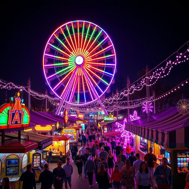 A stunning nighttime view of an amusement park, illuminated by vibrant, colorful lights that create a festive atmosphere