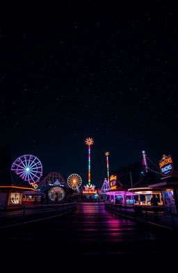 A stunning nighttime view of an amusement park, illuminated by colorful lights and neon signs, with various rides including a Ferris wheel, roller coasters, and carnival games, all surrounded by an expansive, starry sky