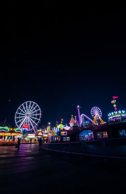 A stunning nighttime view of an amusement park, illuminated by colorful lights and neon signs, with various rides including a Ferris wheel, roller coasters, and carnival games, all surrounded by an expansive, starry sky
