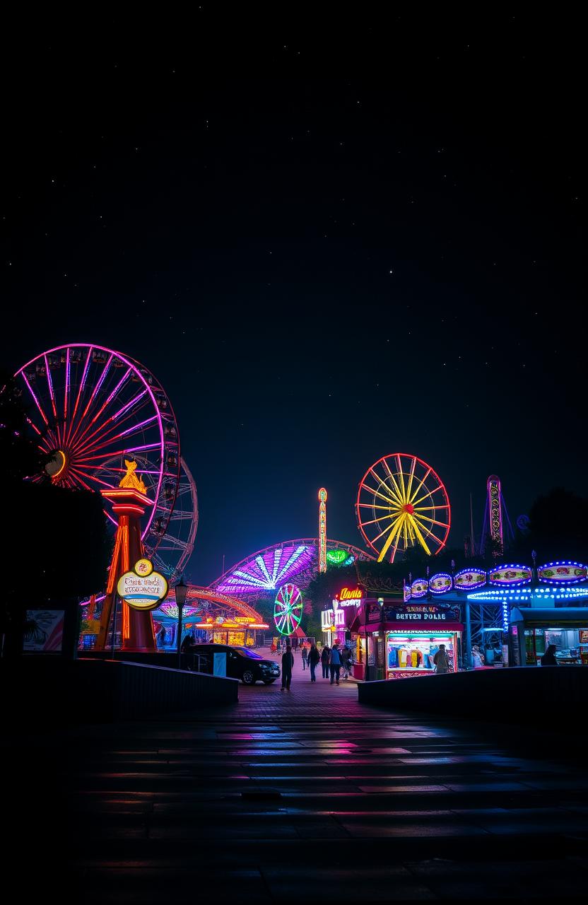 A stunning nighttime view of an amusement park, illuminated by colorful lights and neon signs, with various rides including a Ferris wheel, roller coasters, and carnival games, all surrounded by an expansive, starry sky