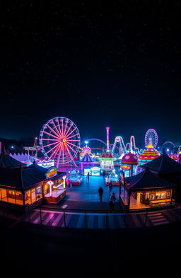A stunning nighttime view of an amusement park, illuminated by colorful lights and neon signs, with various rides including a Ferris wheel, roller coasters, and carnival games, all surrounded by an expansive, starry sky