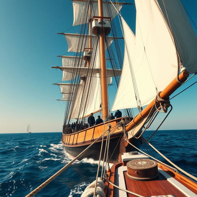 A captivating scene from the Golden Age of Sail, showcasing a complete view of a majestic tall ship sailing across a vibrant ocean