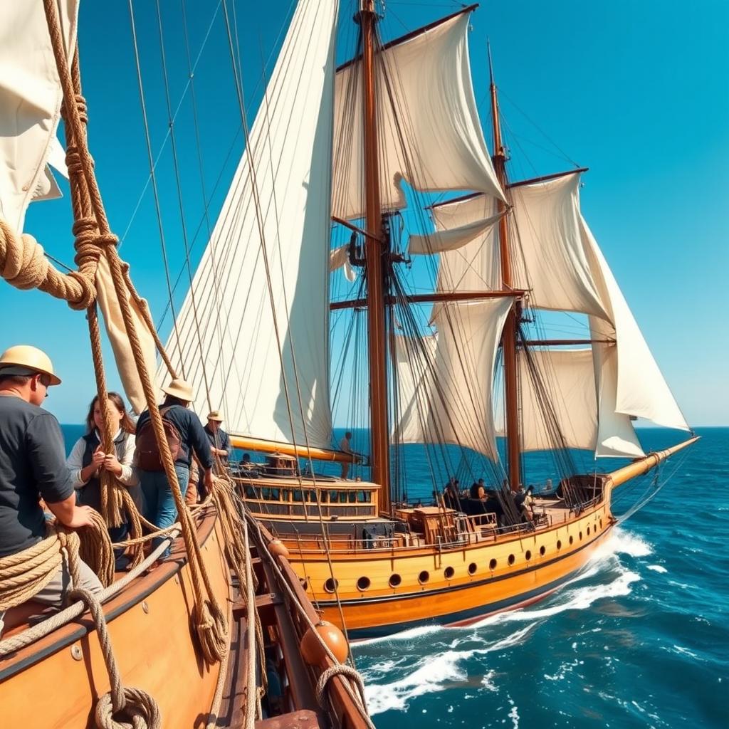 A captivating scene from the Golden Age of Sail, showcasing a complete view of a majestic tall ship sailing across a vibrant ocean