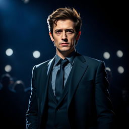 A captivating portrayal of a charismatic yet obsessive leader, Alex Turner, standing confidently in a spotlight, embodying a visionary aura