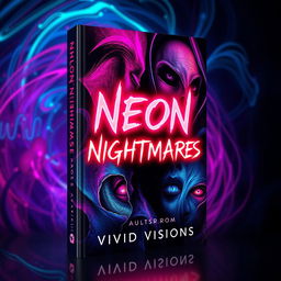 A captivating and eerie book cover design for 'Neon Nightmares' by Vivid Visions, featuring abstract and colorful imagery that evokes a sense of psychological horror