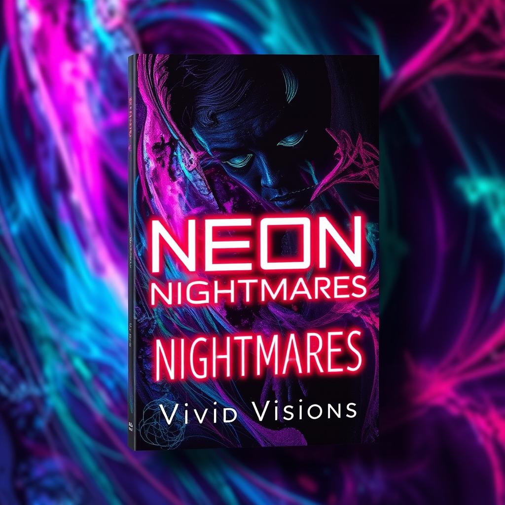 A captivating and eerie book cover design for 'Neon Nightmares' by Vivid Visions, featuring abstract and colorful imagery that evokes a sense of psychological horror