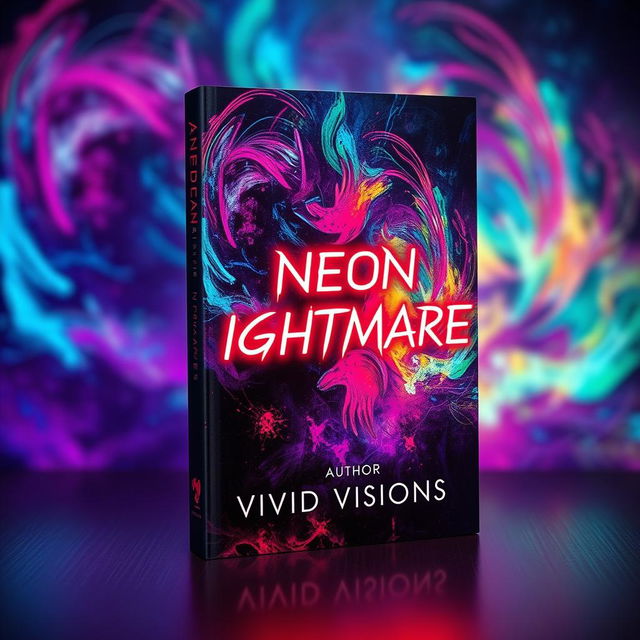 A captivating and eerie book cover design for 'Neon Nightmares' by Vivid Visions, featuring abstract and colorful imagery that evokes a sense of psychological horror