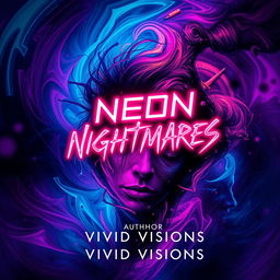A captivating and eerie book cover design for 'Neon Nightmares' by Vivid Visions, featuring abstract and colorful imagery that evokes a sense of psychological horror