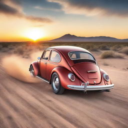 A high-powered, customized Volkswagen Beetle Hot Rod tearing along an expansive desert highway, leaving a trail of dust in its wake with a blazing sunset in the background