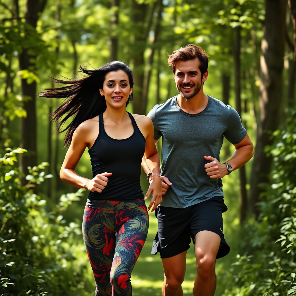 A casual badass couple running through a lush green forest, both wearing trendy athletic gear that highlights their fit physiques