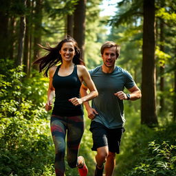 A casual badass couple running through a lush green forest, both wearing trendy athletic gear that highlights their fit physiques