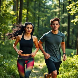 A casual badass couple running through a lush green forest, both wearing trendy athletic gear that highlights their fit physiques