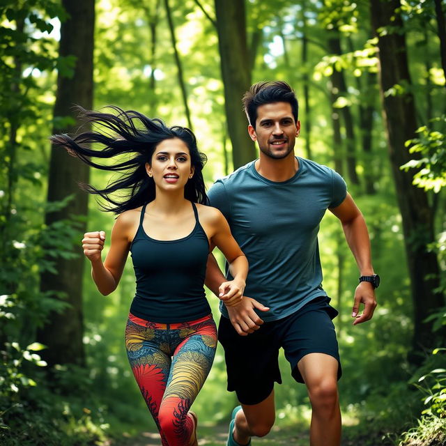 A casual badass couple running through a lush green forest, both wearing trendy athletic gear that highlights their fit physiques