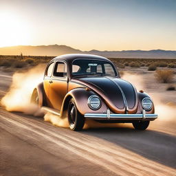 A high-powered, customized Volkswagen Beetle Hot Rod tearing along an expansive desert highway, leaving a trail of dust in its wake with a blazing sunset in the background