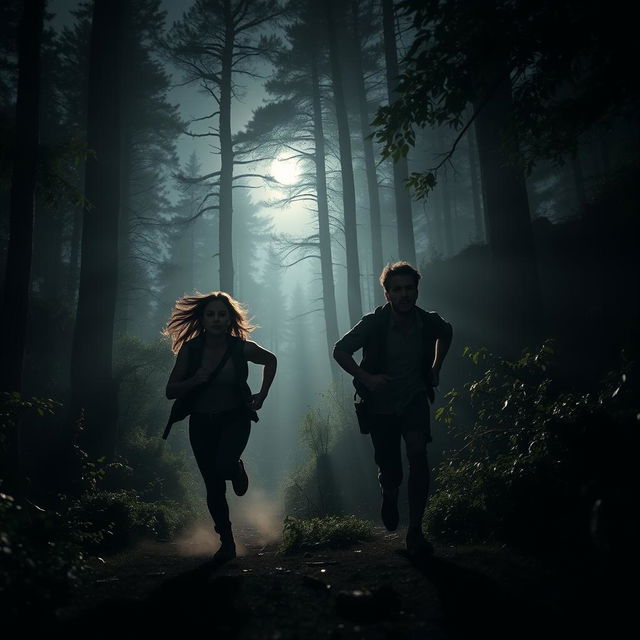 A casual badass couple running through a dark, dense forest