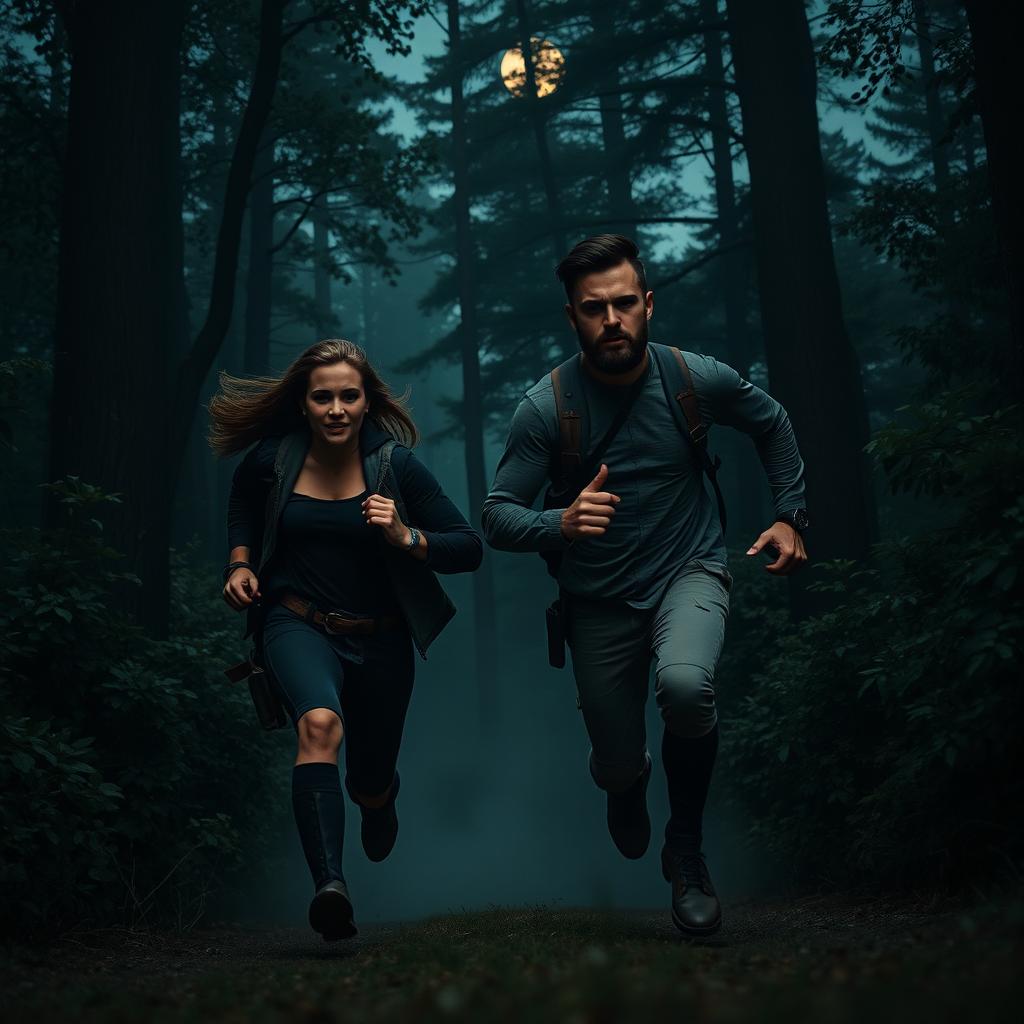 A casual badass couple running through a dark, dense forest