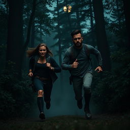 A casual badass couple running through a dark, dense forest