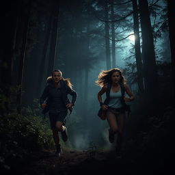 A casual badass couple running through a dark, dense forest