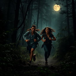 A casual badass couple running through a dark, dense forest