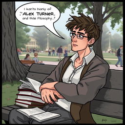 An introspective and thoughtful character named Alex Turner, aged 29, depicted as a philosopher in a relaxed setting
