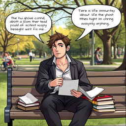 An introspective and thoughtful character named Alex Turner, aged 29, depicted as a philosopher in a relaxed setting