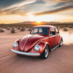 A high-powered, customized Volkswagen Beetle Hot Rod tearing along an expansive desert highway, leaving a trail of dust in its wake with a blazing sunset in the background